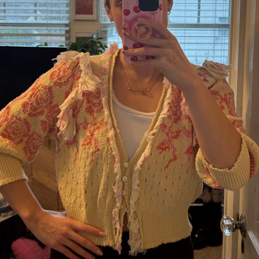 Free People Floral Knit Quarter Sleeve Frill Cardigan